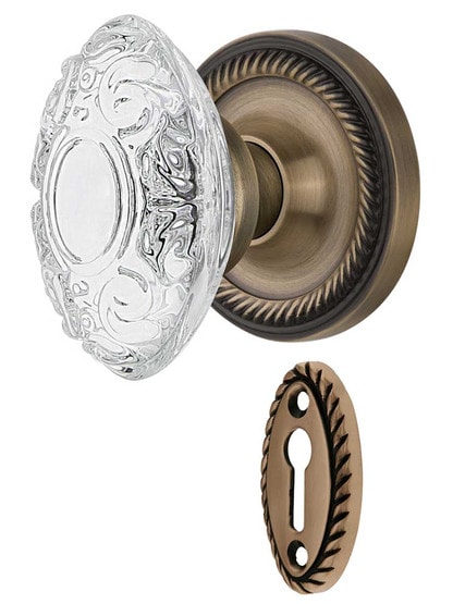 Rope Rosette Mortise-Lock Set with Victorian Crystal-Glass Knobs in Antique Brass.